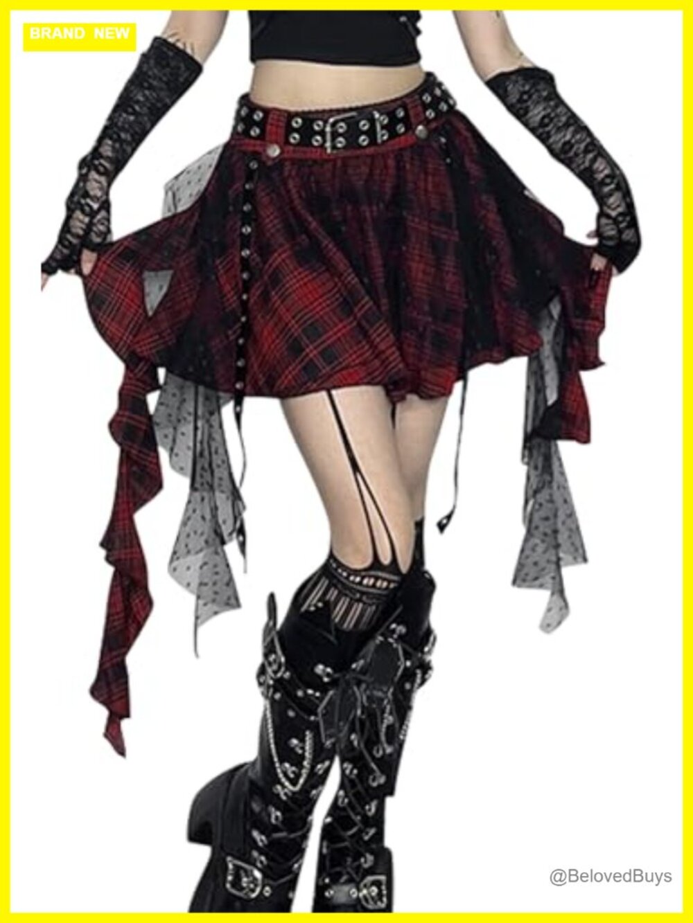Womens Gothic A Line Skirt High Waist Layered Pleated Ruffle Lace Up Vintage